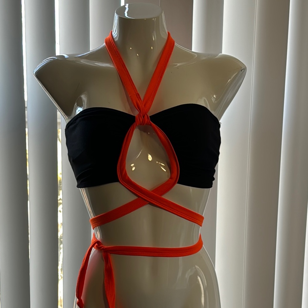 Black and Orange Wrap Bikini Top